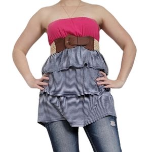 Ruffled, belted dress by Rewind, XS, pink top, blue and white striped ruffle